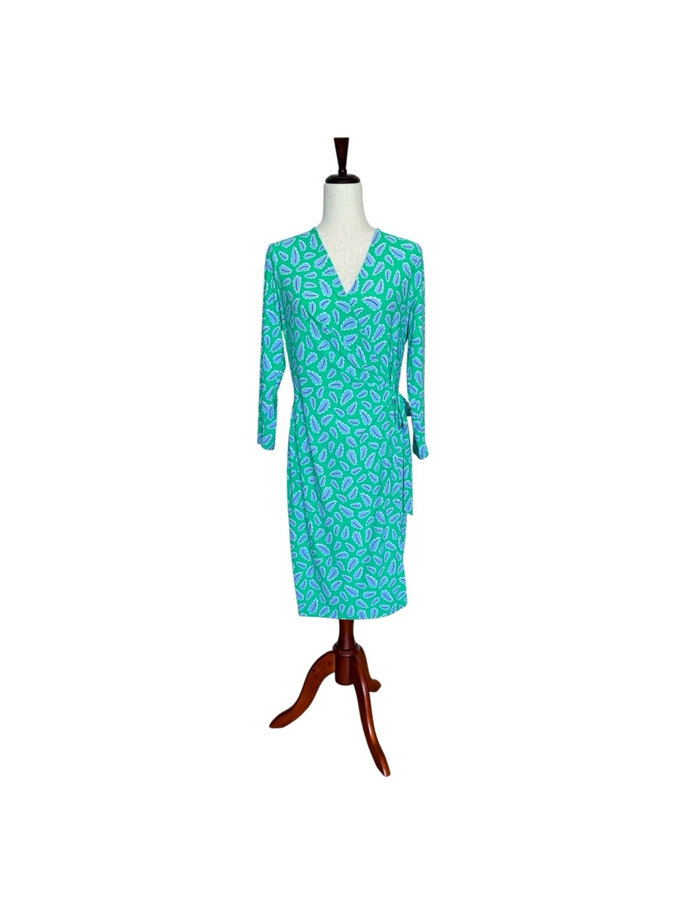 Ann Klein. Vibrant Green Gray Leafs Faux Wrap V-neck 3/4 Sleeves Midi Dress M